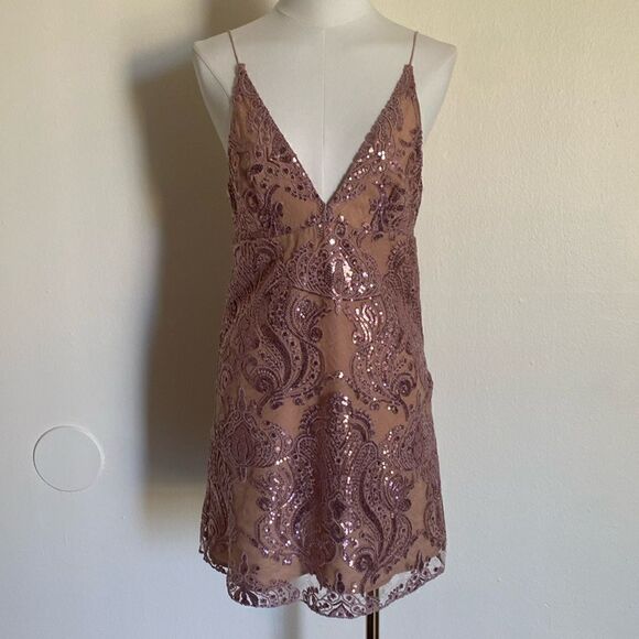 Free People Cream and Rose Gold Pink Night Shimmers Sequin Mini Dress Size 2 - Picture 2 of 13